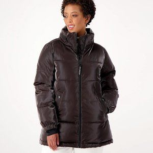Arctic Expedition Liquid Shine Puffer Coat w/ Stand Collar - Coffee  a546056